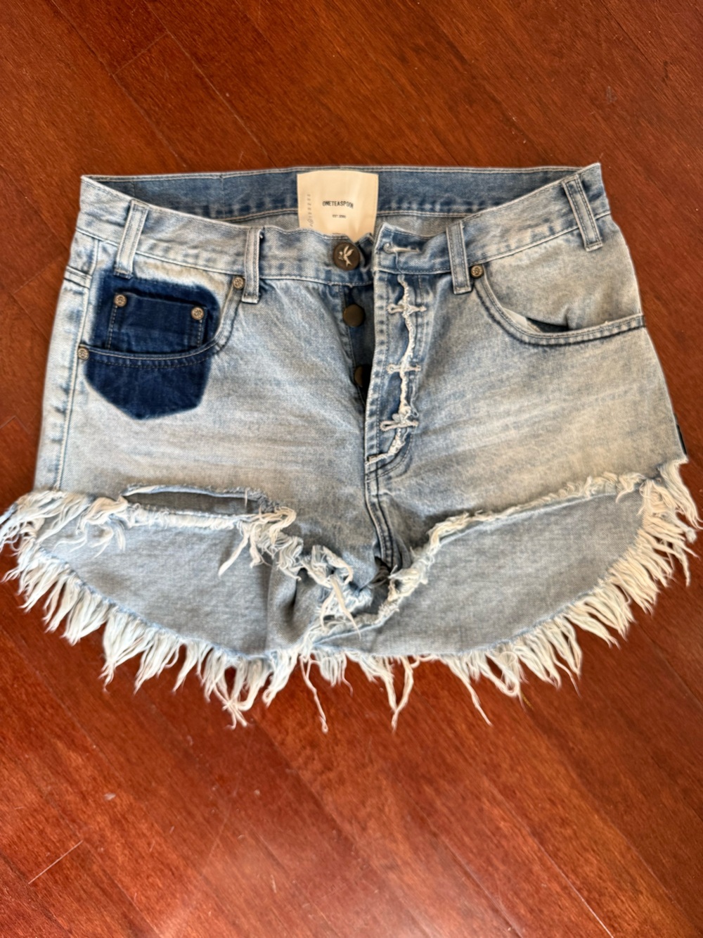 One Teaspoon Light Blue Distressed Frayed Hem Denim Shorts with Dark Blue Pocket